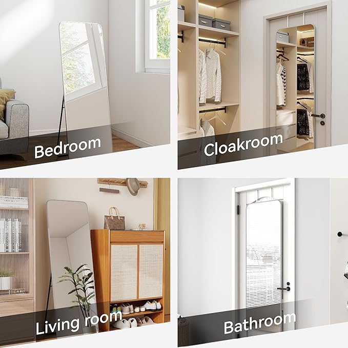 SCWF-GZ 57x20 Door Hanging Full Length Mirror, Floor (Height 5.7ft just Body in 1.3ft) or Wall Mounted Metal Frame Rectangle Dressing Mirrors for Bedroom Bathroom Living Room 57 inch Silver
