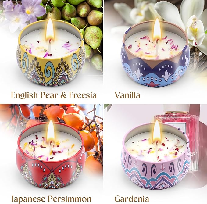 Scented Candles Gift Set for Women Soy Candles 4 Pack Natural Aromatherapy with Dried Flowers in Reusable Tins Relaxation Gift for Birthday Mother's Day Valentine's Day Christmas New Home