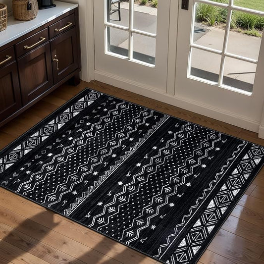 SERISSA 2x3 Rugs for Entryway, Washable Non-Slip Black and White Small Area Rug, Soft Low-Pile Boho Geometric Indoor Entry Rug Door Mat Indoor Entrance Front Door Carpet for Bathroom Kitchen Bedroom