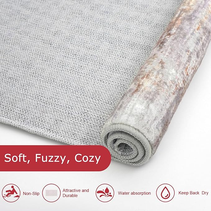 KOZYFLY Modern Abstract Washable Long Runner Rug 2.6x18 Hallway Rug Runner Non-Slip Soft Kitchen Runner Rugs, Multi Grey/Orange 18 Foot Carpet Runners for Stair Entryway Bathroom