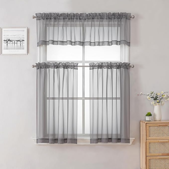 Lecloud Charcoal Grey Sheer Kitchen Curtains 36 Inch Length 2 Pcs, Sheer Voile Curtain Tiers with Dual Rod Pockets, Cafe Window Small Curtains for Bedroom Living Room, 40 x 36 Inch