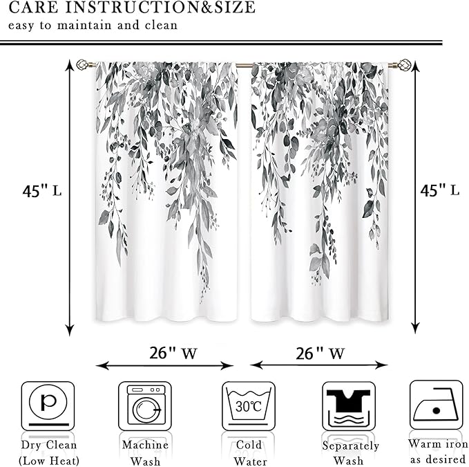 Eucalyptus Botanical Leaves Grey Floral Kitchen Window Curtains Over Sink Farmhouse Flower Leaf Small Window Treatment Cafe Short Curtains for Bathroom Treatment Tier Drapes 26x45 inch
