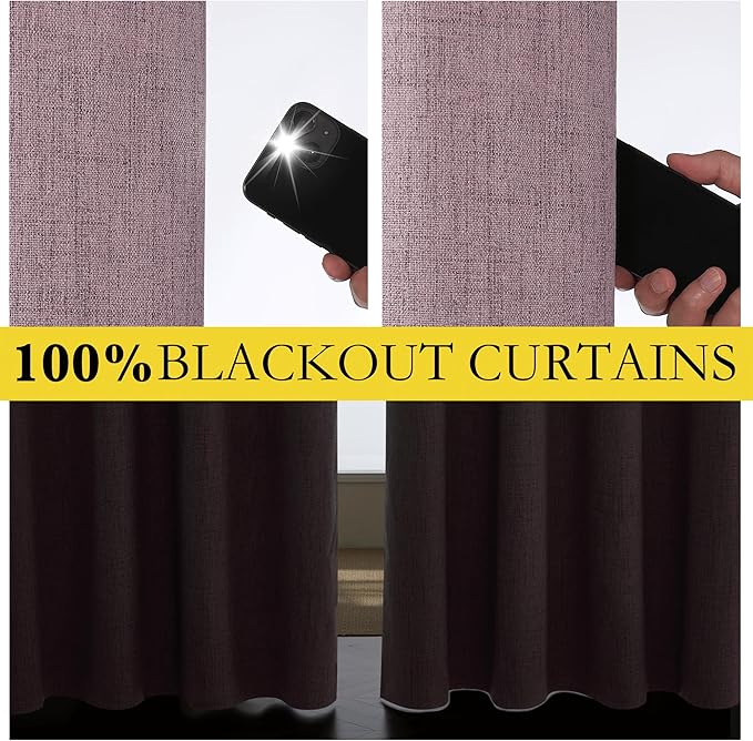 NICETOWN Chaise Mauve Vintage Linen 100% Blackout Curtains for Living Room, Thermal Insulated Curtains 90" Long, Noise Reducing Window Treatment Drapes for Home Cinema, 52" Wide Per Panel, Set of 2