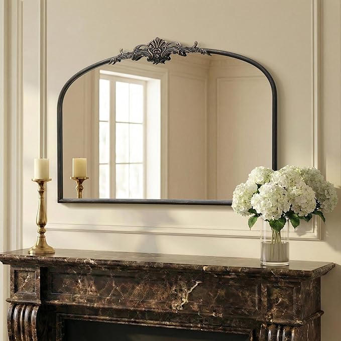 Besdomus Vintage Arched Black Mirror: 32"x24" French Large Vintage Vanity Wall Mirror - Baroque Decorative Traditional Ornate for Living Room/Fireplace/Bathroom- Wall Decor for Interior Designers