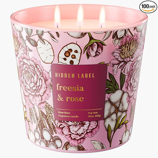 Giant Candle Freesia Rose Scented, 30oz Natural Non Toxic Soy Candles, 3 Wicks Aromatherapy Candles for Home Scented, Up to 100Hours Clean Burn,Long Lasting, Extra Large Jar Candles for Women