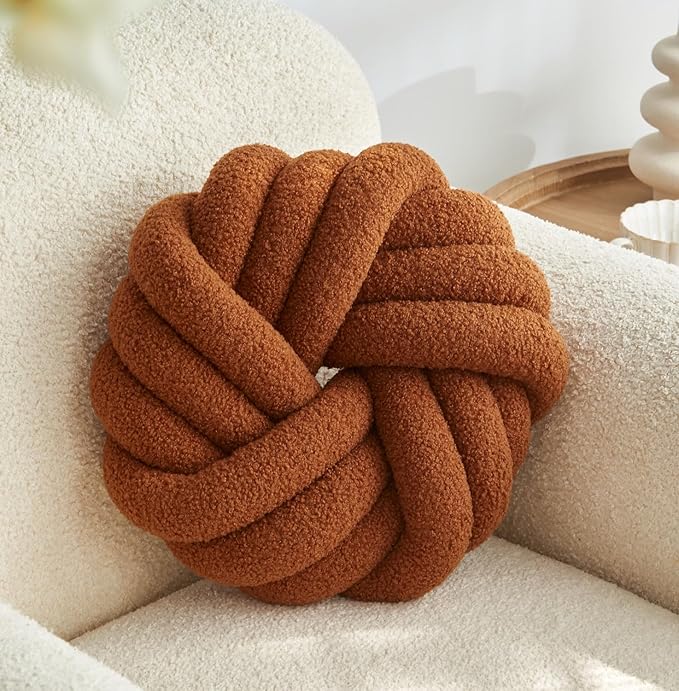 Brown Knot Pillow 13.7'' Round Throw Pillow Soft Plush Knot Ball Pillow Handmade Knotted Pillow Modern Home Decorative Knotted Pillow Cushion for Bed Bedroom, Sofa, Couch