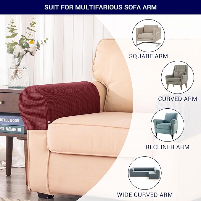 SUBRTEX Stretch Couch Arm Covers Set of 2, Checkered Sofa Arm Slipcovers, Anti-Slip Armrest Covers for Recliner and Armchairs, Pet Proof, High Stretchy, Hook & Loop Tape, Wine