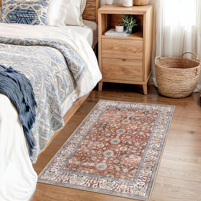 KUTA Vintage Floral Red Clay Entryway Rug 2x3, Kitchen Rugs Non-Slip Washable Throw Rug, Ultra Thin Soft Print Front Door Mat Indoor Doormat for Entrance, Bedside, or Small Spaces