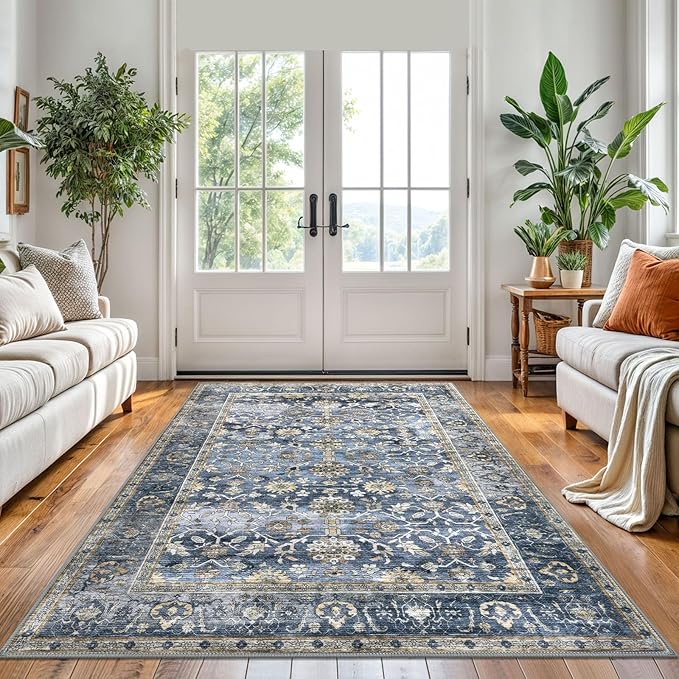 KUTA Vintage 5x7 Area Rugs Blue Grey Beige, Washable Rugs for Living Room Ultra Thin Soft Non-Slip Printed Distressed Tribal Traditional Farmhouse Carpet for Bedroom Dining Room Dorm Office Home