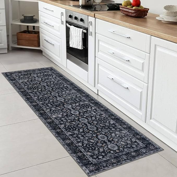 KUTA Runners for Hallways 2x6, Vintage Floral Rug Non-Slip Washable Kitchen Rugs Black Grey Orange Ultra Thin Soft Printed Distressed Flower Carpet Entryway Rugs for Bedroom Laundry Nursery