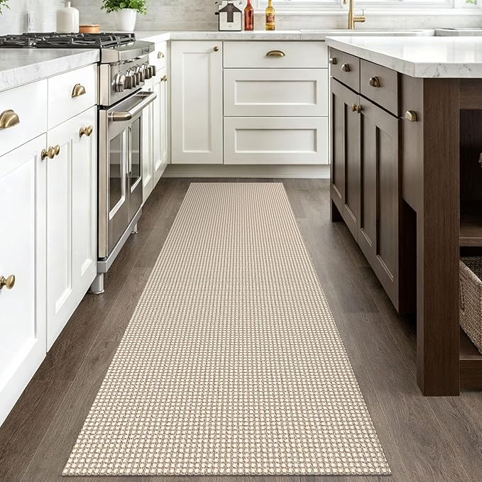 IOHOUZE Washable Runner Rug 2.6x8 Non Slip Rubber Backed Wide Hallway Runner Entryway Runner Indoor, Kitchen Rugs Woven Cotton Floor Carpet for Hall Entrance Bedroom, Beige/Khaki
