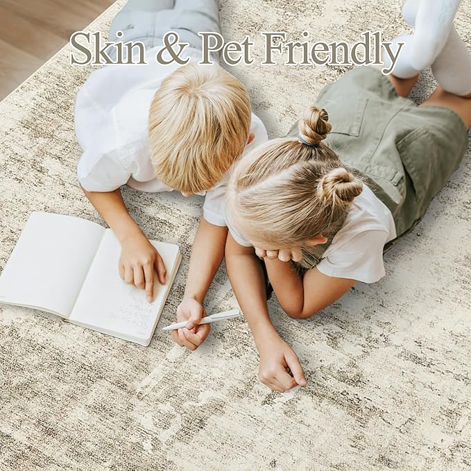 Soalmost 6x9 Abstract Area Rugs for Living Room 6 x 9 Washable Non Slip Low Pile Gray Rugs for Bedroom Dining Room Foldable Thin Beige Gray