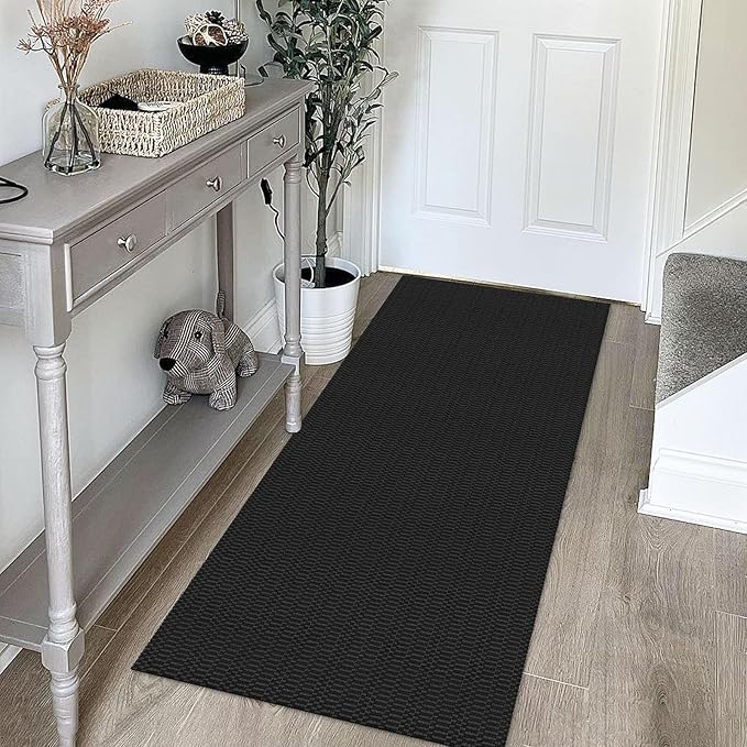 KOZYFLY Washable Runner Rug 2x5 Ft Runners for Hallways Rubber Backed Throw Rug, Braided Cotton Entryway Runner Indoor, Carpet Runners for Hallway Kitchen Entryway Bedroom, Black/Grey