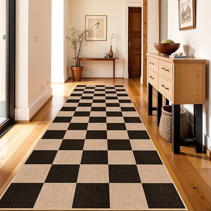 3x10 Runner Rug for Hallways: Washable Non Slip Kitchen Extra Long Jute Runners - Carpet for Bathroom Office Dining Living Room - Durable Floor Mat Boho Farmhouse Decor (Black,3x10)