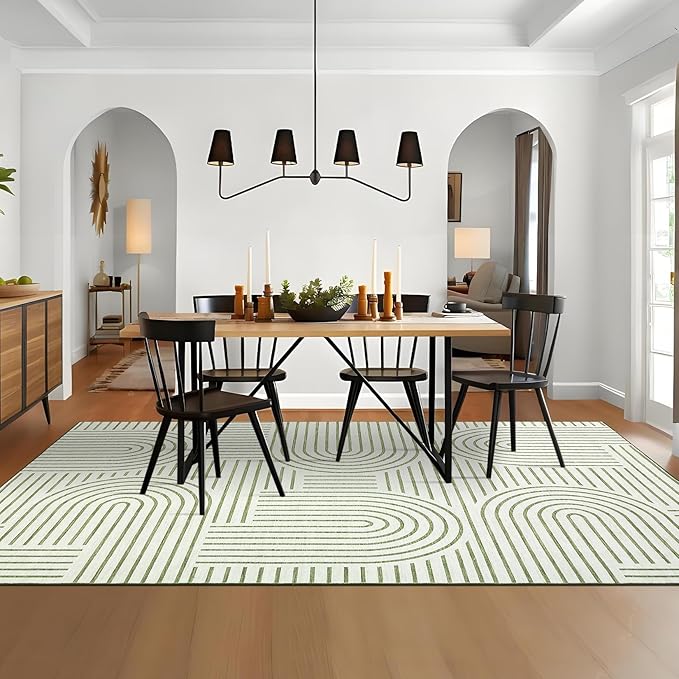 ROYHOME Washable Rug 9x12 Area Rugs for Living Room, Abstract Rug for Bedroom, Soft Rainbow Non Slip Throw Rugs with Rubber Back, Low Pile Stain Resistant Boho Geometric Carpet for Dining Room, Green