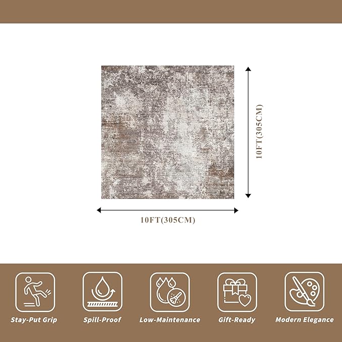 10x10 Square Living Room Area Rug – Washable Non-Slip Modern Large Rug for Bedroom, Dining Room, Playroom –Abstract Low-Pile Thin Indoor Floor Carpet (Brown Beige,10x10)