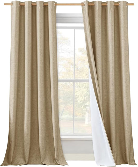 NICETOWN 100% Absolutely Blackout Linen Curtains with Thermal Insulated White Liner, Camel, W52 x L120, 2 Panels, Textured Linen Look Noise Reducing Window Treatments Drapes for Bedroom/Living Room