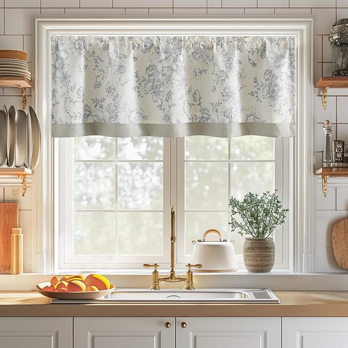 jinchan Linen Floral Valance Double Layer Kitchen Window Curtain Grey Flower on Beige Valance for Living Room Cafe Farmhouse Light Filtering Rustic Country Curtain 18 Inch Rod Pocket 1 Panel
