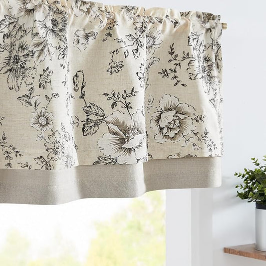 jinchan Linen Valance Curtain Farmhouse Window Decor Gray Floral Print for Kitchen Living Room Double Layer Light Filtering Valance 18 Inches Rustic Window Treatment 1 Panel Rod Pocket Black on Beige