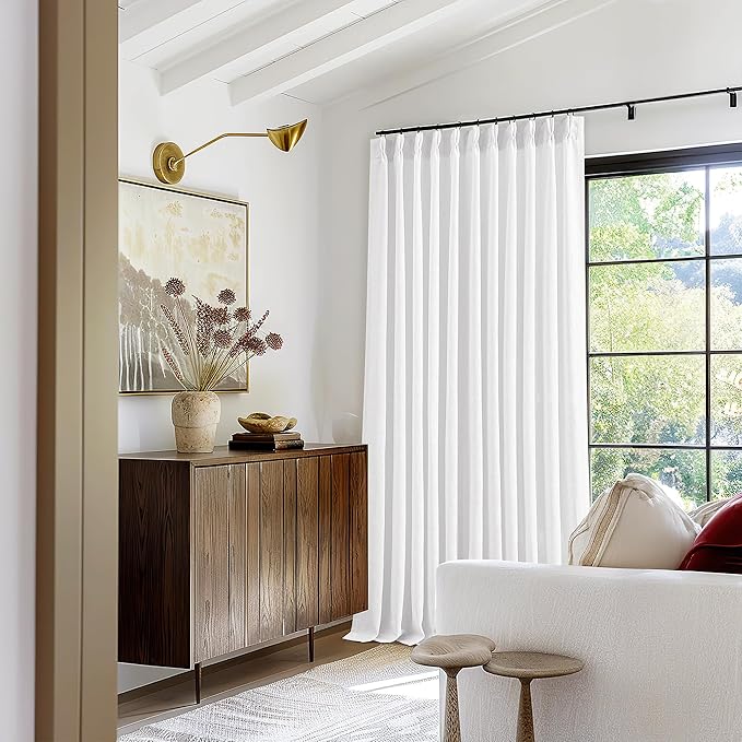 TWODRAPES Extra Wide 102 Inch Long Curtains 70 Inch Width Pinch Pleat Linen Curtains for Living Room BedroomLight Filtering Privacy Pleated Hooks Rings Back Tab for Sliding Door White 1 Panel