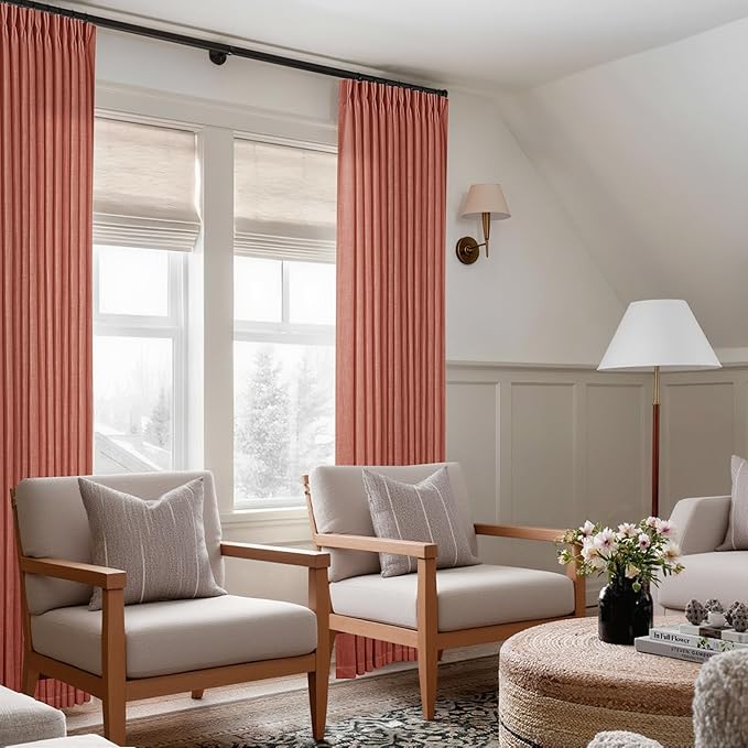 Firebrick Pleated Linen Curtains 96 Inches Long for Living Room 2 Panel Set Semi Sheer Light Filtering Pinch Pleat with Rings Hooks Drapes Farmhouse Rustic Terracotta Red Clay Curtain Bedroom Window
