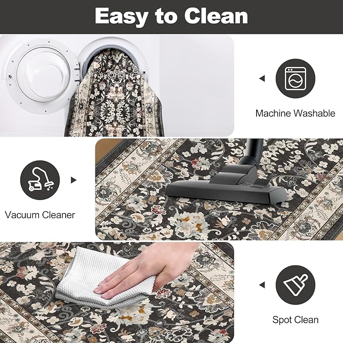 LOKHOM Washable Runner Rug, 2x6 Non-Slip Vintage Hallway Runner Rug with Rubber Backing, Boho Floral Soft Faux Wool Kitchen Rugs Carpet Runner for Laundry Entryway Bedroom (Black)