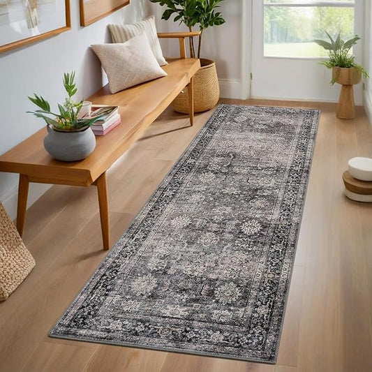 GarveeHome Runner Rugs 2.5x8 Vintage Printed Hallway with Non-Slip Backing, Stain-Resistant Oriental Washable Farmhouse Low Pile Rugs for Kitchen, Laundry, Green Camel