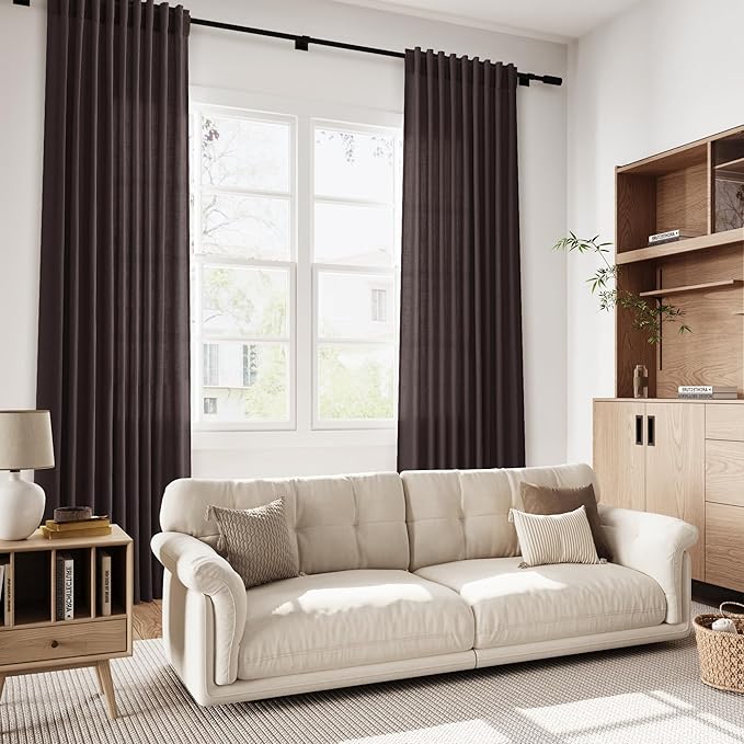 Nanspring Cocoa Coffee Linen Curtains 84 Inch Length 2 Panels Set for Living Room Back Tab Light Filtering Semi Sheer Curtain for Bedroom Farmhouse Drapes, 52x84 Inch, 2 Panels