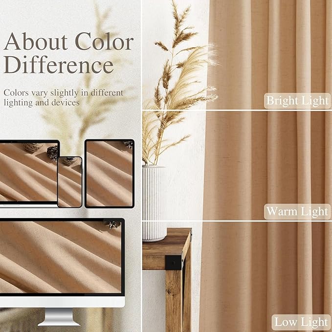Nanspring Camel Linen Curtains for Living Room Extra Long 126 Inches Long Back Tab Light Filtering Semi Sheer Curtain Vintage Rustic Decor Floor to Ceiling High Window for Bedroom 52x126, 2 Panels