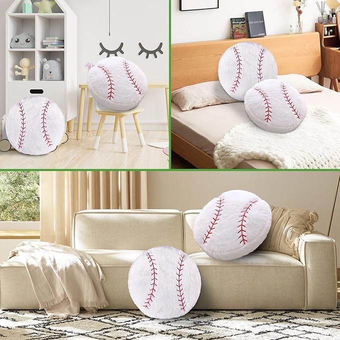 Baseball Pillow, 2 Pcs Baseball Plush Pillow, Soft Fluffy Stuffed Sports Throw Pillows, Home Decor Cushion, Round Baseball Pillows, Sports Gifts for Room Decoration 15.8"