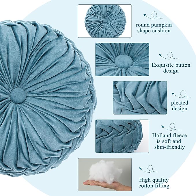 Drydiet 1 Pcs Round Throw Velvet Pillows Decorative Pleated Throw Pillows 15'' Diameter Accent Pumpkin Boho Chair Cushion for Couch Sofa Home Decoration (Dusty Blue)