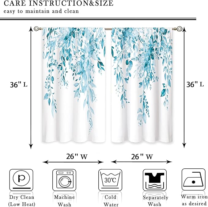 Blue Eucalyptus Botanical Leaves Floral Kitchen Window Curtains Over Sink Farmhouse Flower Spring Small Window Treatment Cafe Short Curtains for Bathroom Treatment Tier Drapes 26x36 inch