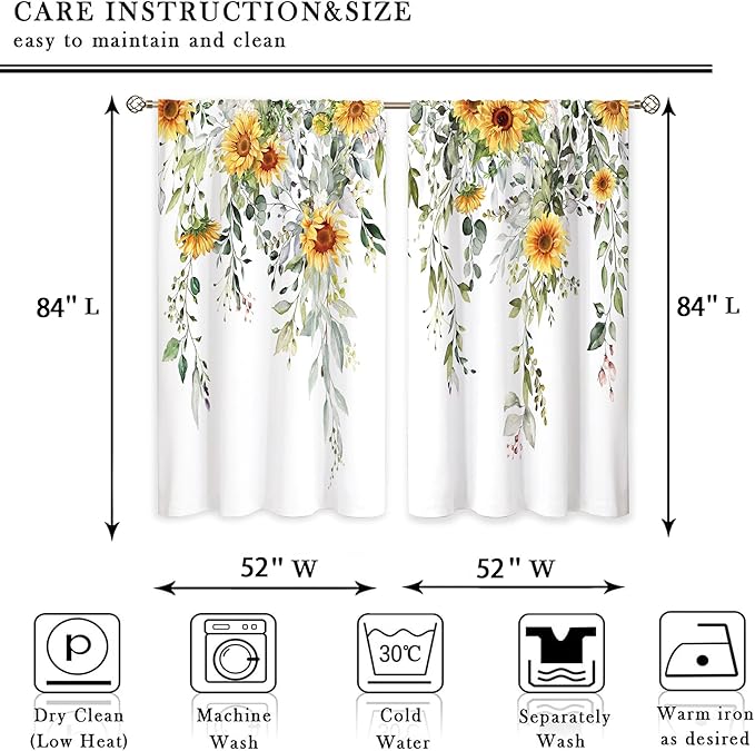 Sunflwer Eucalyptus Leaves Window Curtains Flower Watercolor Floral BotanicalPlant Wildflower Farmhouse Curtain Drapes Herb Curtains for Bedroom Living Room Treatment 2 Panels 52Wx84H Inch