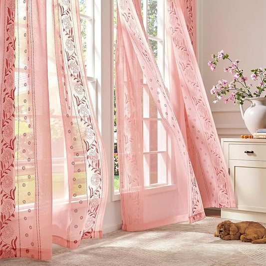 jinchan Winslow Pink Sheer Curtains 84 Inch for Bedroom Living Room Embroidered Bordered Floral Nursery Curtains for Girls Room Dorm Light Filtering, 2 Panels, 50W x 84L
