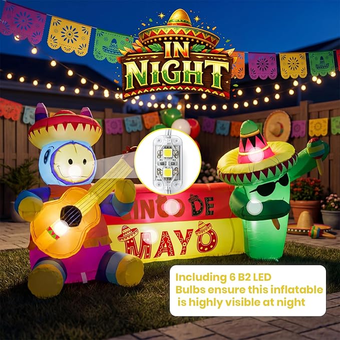 6.5FT Long Cinco De Mayo Inflatables Outdoor Decorations, Guitar Donkey & Maraca Cactus, Mexican Fiesta Blow Up Yard Decor for May 5 Taco Party, Lawn Garden Indoor Outdoor