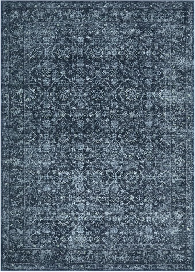 Hedlive Vintage Navy Blue Rugs for Bedroom, Washable Moroccan 5x7 Rug for Living Room Non Slip, Stain Resistant Boho Dining Room Rug for High Traffic Area (5'x7', Blue)