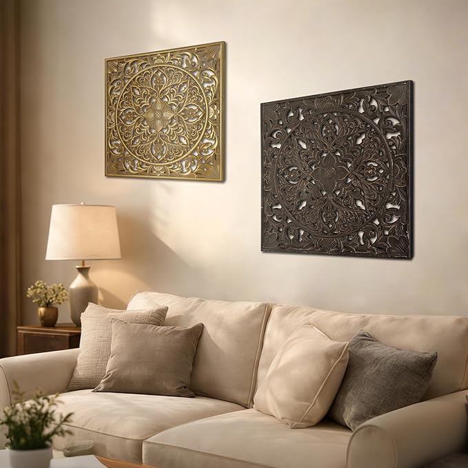 XIAOAIKA Boho Carved Wood Wall Sculpture, Intricate Floral Mandala Design with Distressed Brown Finish, Vintage Farmhouse Wall Art Panel with Solid Wood Frame for Bedroom Entryway (22" x 22")