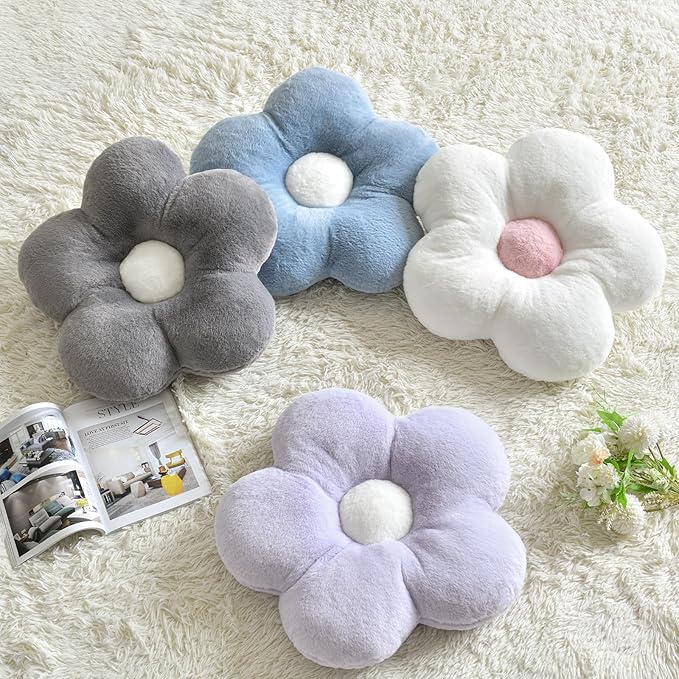 Flower Pillows, Soft Decorative Throw Pillows for Couch Chair Bed, Flower Floor Throw Pillows for Adults Bedroom Living Room (Grey Blue, 19.6 Inches)