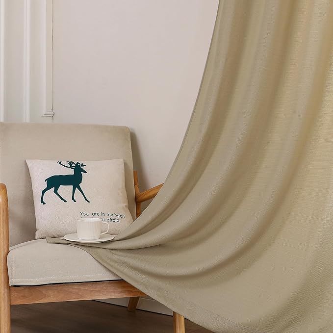 Chyhomenyc Camel Curtains 90 Inch Length 2 Panels Set, Faux Linen Textured Semi Sheer Light Filtering Soft Airy Privacy Farmhouse Curtain Drapes for Living Room Bedroom, 40 Wx90 L Inches