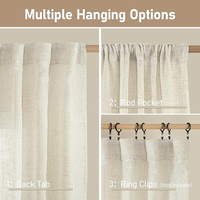 LAMIT 102 inch Long Linen Curtains 2 Panels for Living Room, Natural Cream Ivory Light Filtering Semi Sheer Linen Curtains Back Tab and Rod Pocket Neutral Drapes for Bedroom/Farmhouse, 52 x 102 Inch