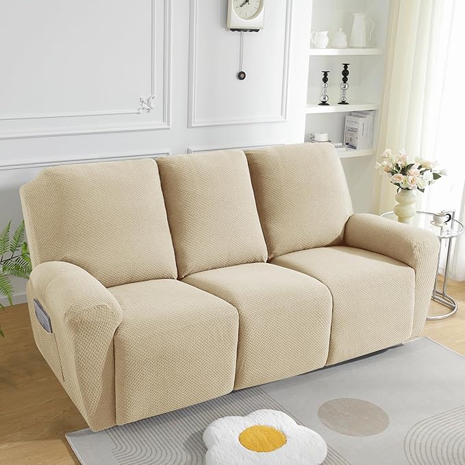 JIVINER 8-Piece Recliner Sofa Covers Stretch Jacquard Couch Covers for Reclining Slipcovers for Living Room 3 Cushion Soft Recliner Protector with Pocket (Sofa Recliner, Light Beige)