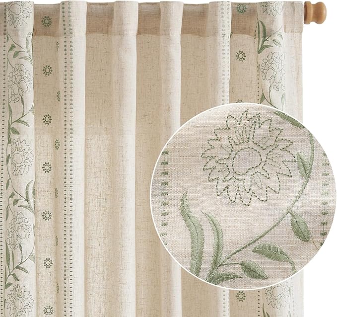 jinchan Winslow Linen Curtains for Bedroom 90 Inches Length Embroidered Bordered Floral Curtains for Living Room Farmhouse Decor Light Filtering Window Treatments Sage on Beige Drapes 2 Panels