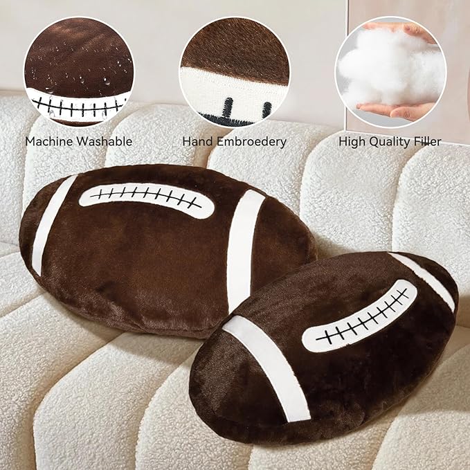 2 Pcs Football Pillow, Soft Football Plush Throw Pillows, Cute Football Decor for Couch Bedroom Game Day Party, Soft Fluffy Sports Decor Pillow, for Football Enthusiasts (20 Inch)