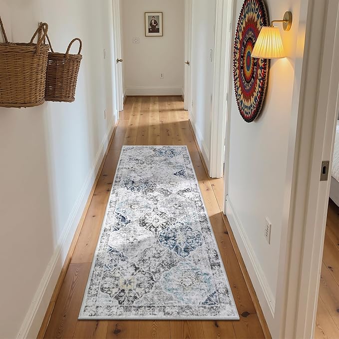 Ileading Washable Hallway Runner Rugs, 2x6 Non Slip Runners Area Rug for Entryway Kitchen Bathroom Bedroom Laundry Living Room, Long Narrow Low-Pile Floor Carpet Boho Vintage Throw Mat for Kids Room