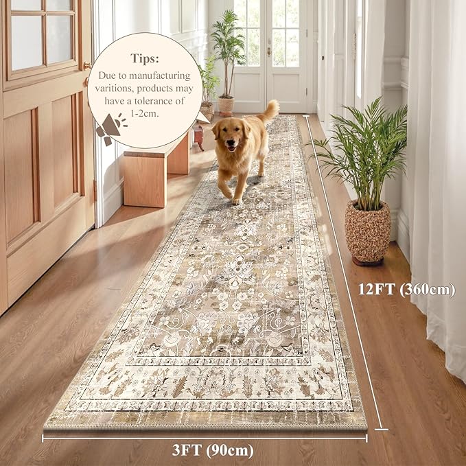 LOKHOM Washable Runner Rug, 3x12 Non-Slip Vintage Kitchen Runner Rug with Rubber Backing, Boho Floral Soft Faux Wool Hallway Rug Carpet Runner for Laundry Entryway Bedroom (Beige Brown)