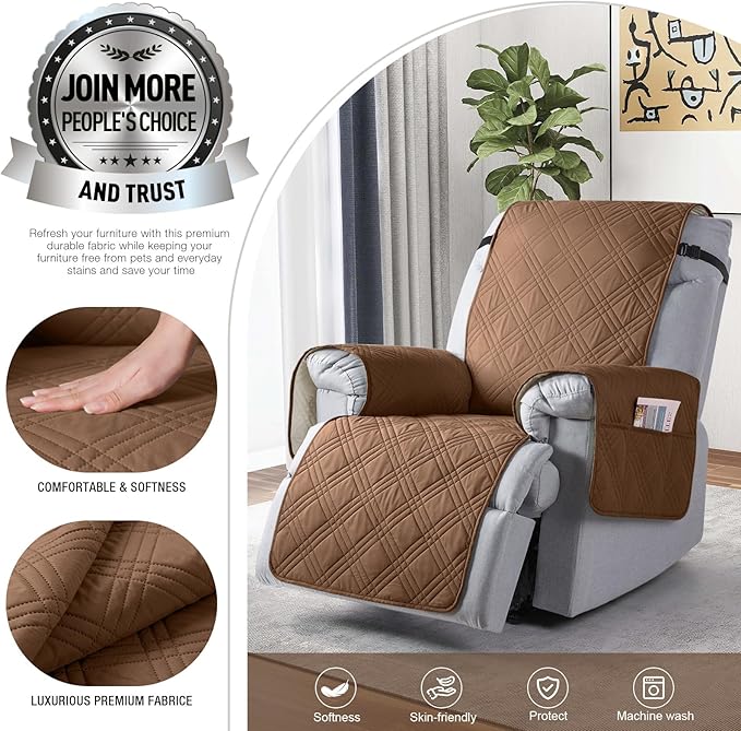 TAOCOCO Waterproof Recliner Chair Cover, Non Slip Oversized Recliner Covers for Recliner Chair with Pocket, Reclining Chair Cover Furniture Protector for Kids, Dogs(28'', Brown)