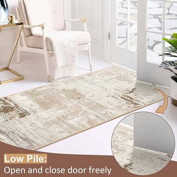 HOMORE 2x8 Runner Rug for Kitchen Hallways Runners Rugs, Beige Long Rug Non Slip Washable Rugs for Entrway Soft Abstract Carpet for Entrance Bedroom Living Room Bathroom