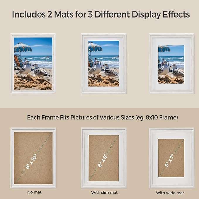 SONGMICS Picture Frames with 16 Mats, Set of 10 Collage Photo Frames, Two 8x10, Four 5x7, Four 4x6 Frames, Hanging or Table Display, Glass, 12 Non-Trace Nails, Cloud White URPF049W01