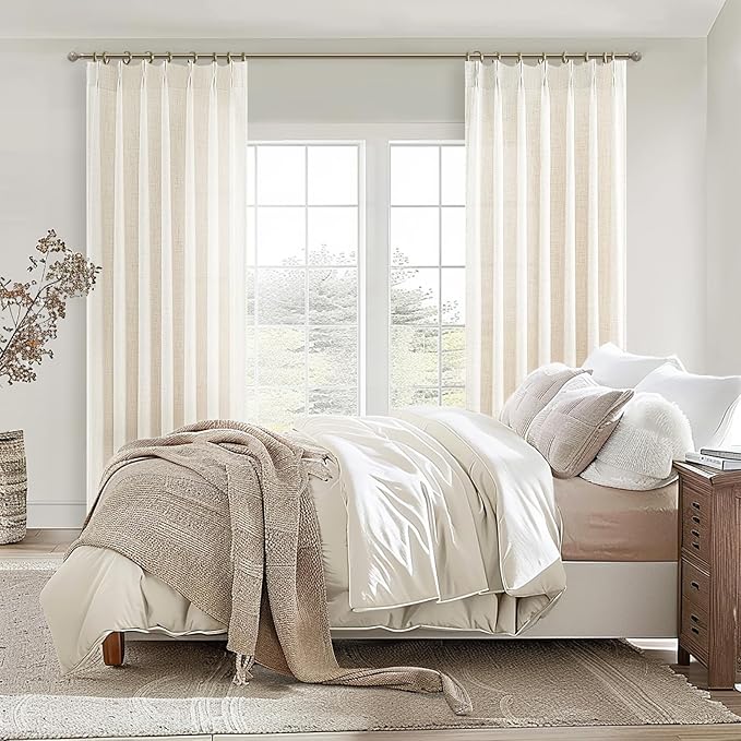 Pinch Pleat Cream Beige 72 Inch Curtains for Bedroom, Rustic Linen Blend Viral Sheer Window Drapes Light Filtering Privacy Cottagecore Office/Sunroom Curtain Back Tab (Ivory 40"W x 72"L Panels 2 Set)