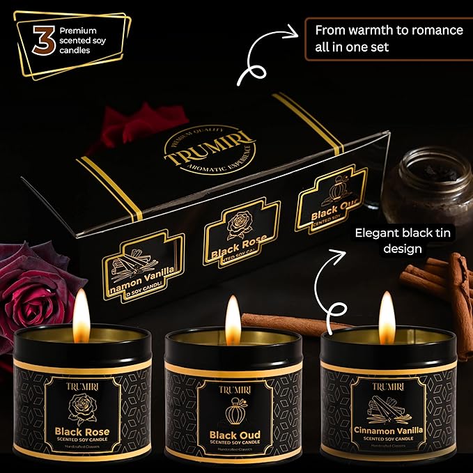 Candle Gift Set of 3 Black Oud|Cinnamon Vanilla|Black Rose Strong Scented Soy Candels Clean Non Toxic Velas Aromáticas Favors for Women Coworkers Friends Guests Also for Diwali Christmas Holidays